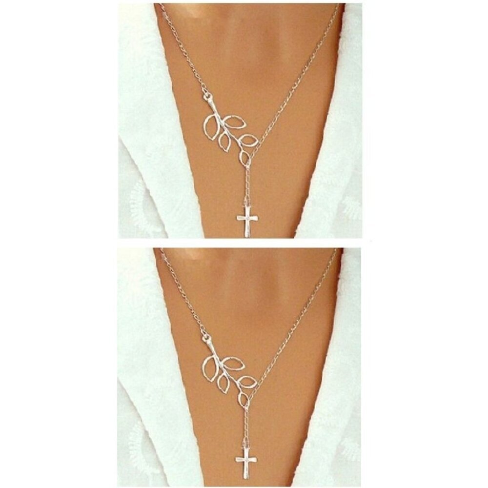 Fashion Leaf & Cross Necklace Womens Elegant‎ Sliver Tone Chain Jewelry Pendant